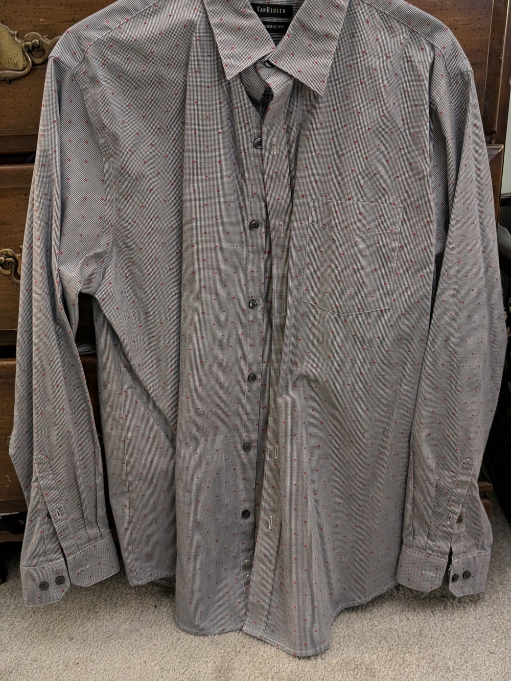 Van Heusen Gray Button-Down Shirt with Red Microdots